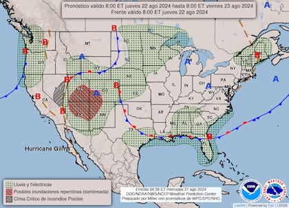 El mapa del pronóstico del clima en EE.UU. para este jueves 22 de agosto (NWS)