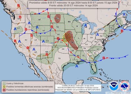 El mapa del pronóstico del clima en EE.UU. para este miércoles 14 de agosto