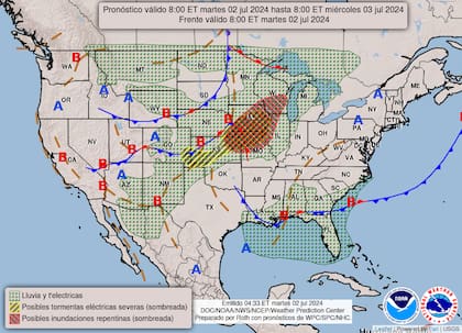 El mapa del pronóstico del clima en EE.UU. para este martes 2 de julio