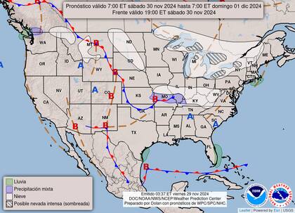 El mapa del pronóstico del clima en EE.UU. para este sábado 30 de noviembre
