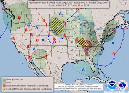 El mapa del pronóstico del clima en EE.UU. para este lunes 29 de julio