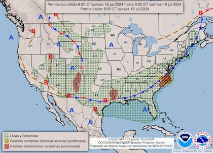 El mapa del pronóstico del clima en EE.UU. para este jueves 18 de julio