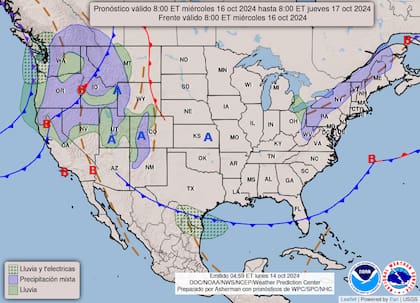 El mapa del pronóstico del clima en EE.UU. para este miércoles 16 de octubre