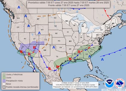 El mapa del pronóstico del clima en EE.UU. para este lunes 27 de enero