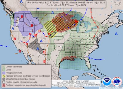 El mapa del pronóstico del clima en EE.UU. para este lunes 17 de junio