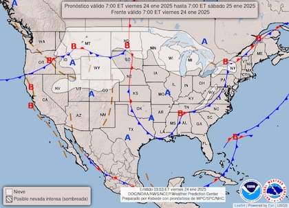 El mapa del pronóstico del clima en EE.UU. para este sábado 25 de enero