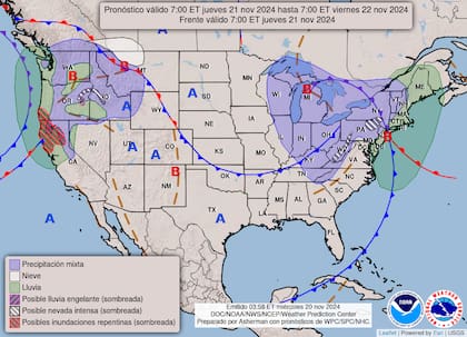 El mapa del pronóstico del clima en EE.UU. para este jueves 21 de noviembre