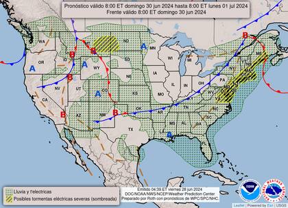 El mapa del pronóstico del clima en EE.UU. para este domingo 30 de junio
