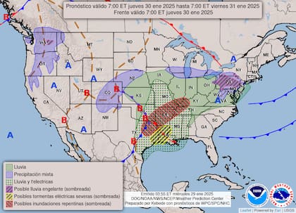 El mapa del pronóstico del clima en EE.UU. para este jueves 30 de enero