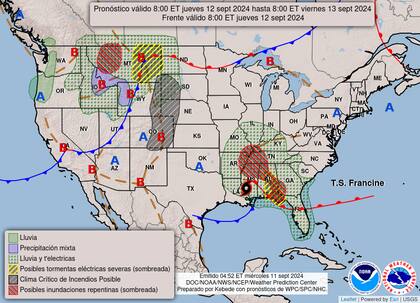 El mapa del pronóstico del clima en EE.UU. para el jueves 12 de septiembre