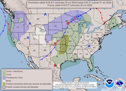El mapa del pronóstico del clima para este miércoles y hasta el jueves por la mañana en EE.UU.