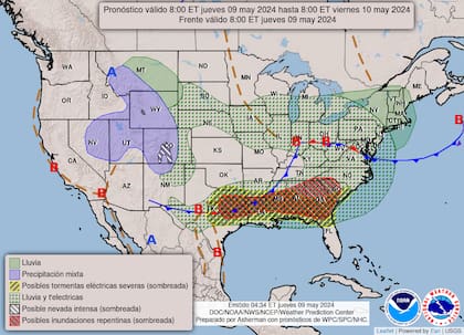 El mapa del pronóstico del clima para este jueves 9 de mayo en Estados Unidos