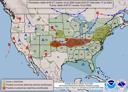 El mapa del pronóstico del clima para este martes 16 de julio en EE.UU.