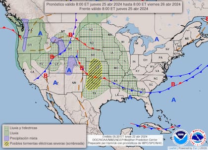 El mapa del pronóstico meteorológico de Estados Unidos para este jueves 25 de abril