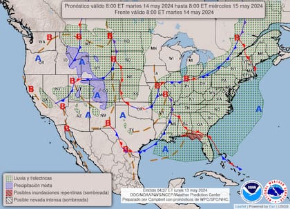 El mapa del pronóstico para este martes 14 de mayo muestra una mejora respecto a las previsiones de lluvias excesivas e inundaciones