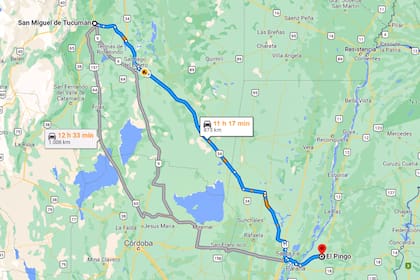 El mapa del recorrido desde la capital tucumana hasta "El Pingo" en Entre Ríos.