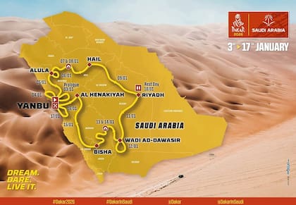 El mapa del recorrido que tiene el Dakar 2026, en Arabia Saudita