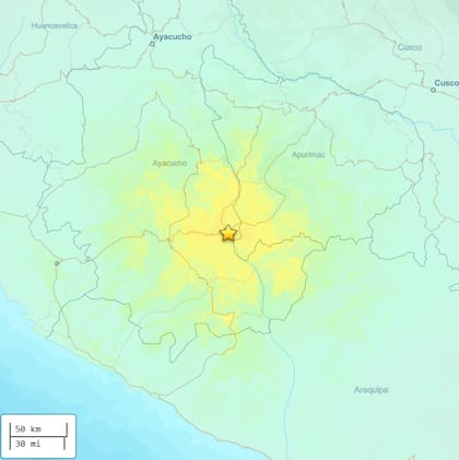 El mapa del terremoto en Perú por el Servicio Geológico de Estados Unidos (USGS)