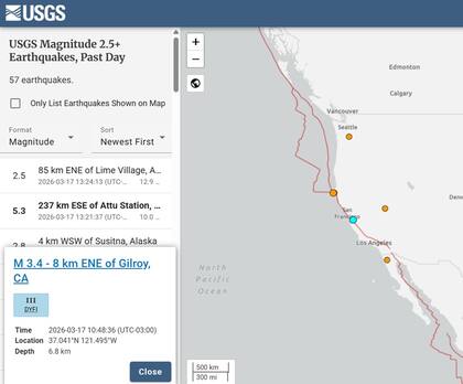 El mapa del USGS mostró un sismo de 3.4 en el norte de California