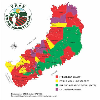 El mapa del voto el domingo en las elecciones a diputado provincial. En verde, los municipios donde se impuso el PAYS, una fuerza que revivió tras la política de desregulación de Milei