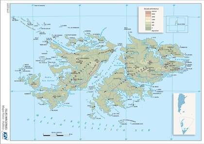 El mapa físico político de las Islas Malvinas