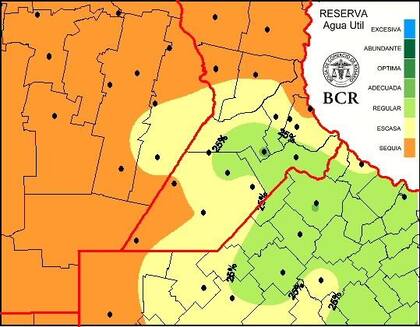 El mapa indica situación de sequía y baja reserva de agua útil para la campaña