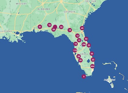 El mapa interactivo de los diferentes lugares de Florida