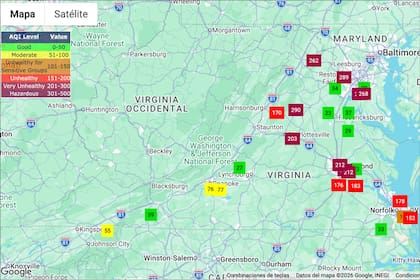 El mapa interactivo del DEQ de Virginia muestra en tiempo real la calidad del aire en distintas ciudades del estado