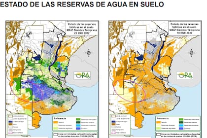 El mapa muestra el cambio en las reservas de humedad del suelo en la última semana, de una condición mayormente seca (a la derecha) a otra donde hay zonas con excesos hídricos (a la izquierda)