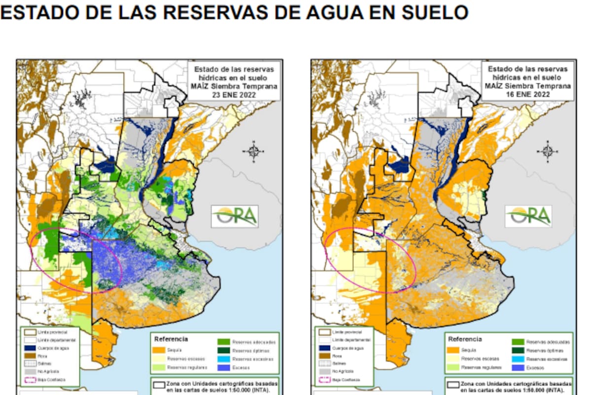 El mapa muestra el cambio en las reservas de humedad del suelo en la última semana, de una condición mayormente seca (a la derecha) a otra donde hay zonas con excesos hídricos (a la izquierda)