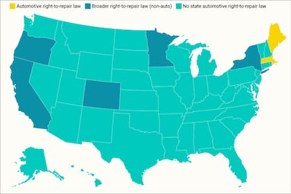 El mapa muestra en amarillo los estados que tienen normas que permiten a las personas arreglar su propio vehículo