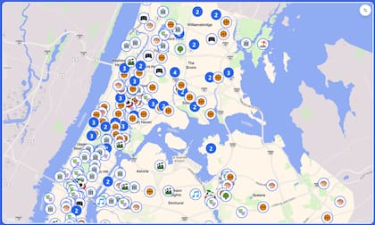 El mapa muestra la ubicación, categoría y detalle de cada actividad en Nueva York
