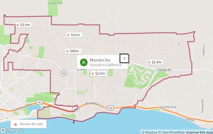 El mapa muestra las casas en venta en Montecito, California