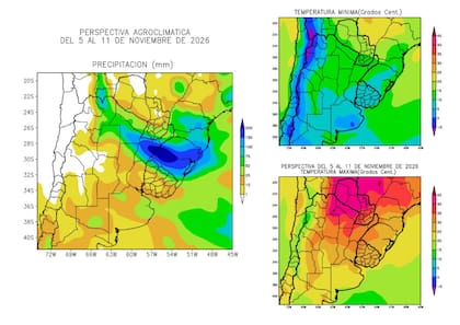 El mapa muestra las lluvias previstas entre el 5 y el 11 de noviembre, con acumulados que podrían superar los 200 milímetros en Corrientes