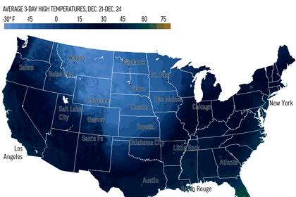 El mapa muestra las temperaturas altas promedio para los EE. UU. del 21 al 24 de diciembre