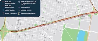 El mapa muestra los cortes y desvíos previstos en la autopista Dellepiane durante el fin de semana, cuando se realizará el montaje de una nueva pasarela peatonal sobre la calle Zinny