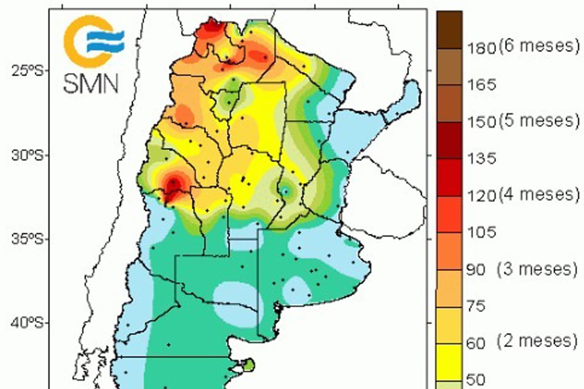 El mapa muestra los días sin precipitaciones por regiones, con corte al 10 del actual