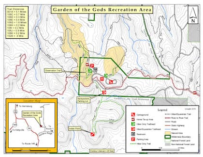 El mapa para visitantes del Jardín de los Dioses en Illinois