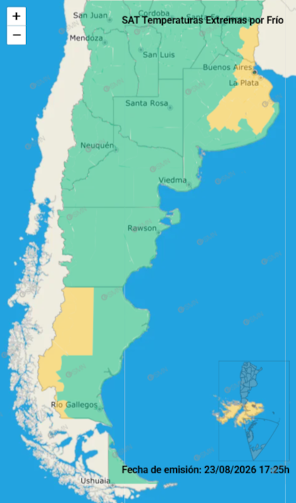 El mapa publicado por el SMN que indica las provincias afectadas por la alerta vigente este lunes 24 de agosto