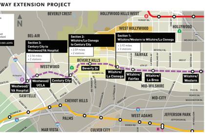 El mapa que muestra el proyecto de ampliación de la Línea D del Metro de Los Ángeles