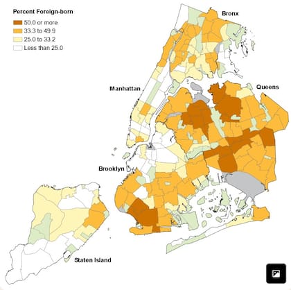 El mapa que muestra la densidad demográfica de migrantes en cada uno de los barrios de Nueva York