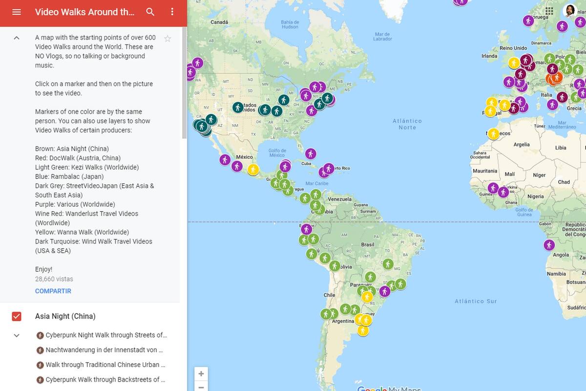 El mapa recopila los video walk que muestran una ciudad con producciones de video en alta calidad y con sonido ambiente
