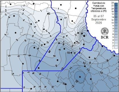 El mapa refleja las horas en las que la región núcleo estuvo por debajo de los cero grados en todo el fin de semana. Las mínimas más importantes se registraron hoy en el nordeste de Buenos Aires y en el oeste, en Córdoba, entre sábado y domingo