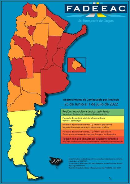 El mapa sobre los problemas con el gasoil en el país. Todos los distritos están con problemas