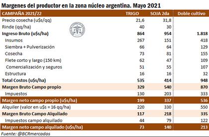 El margen neto trigo/soja considerando impuestos