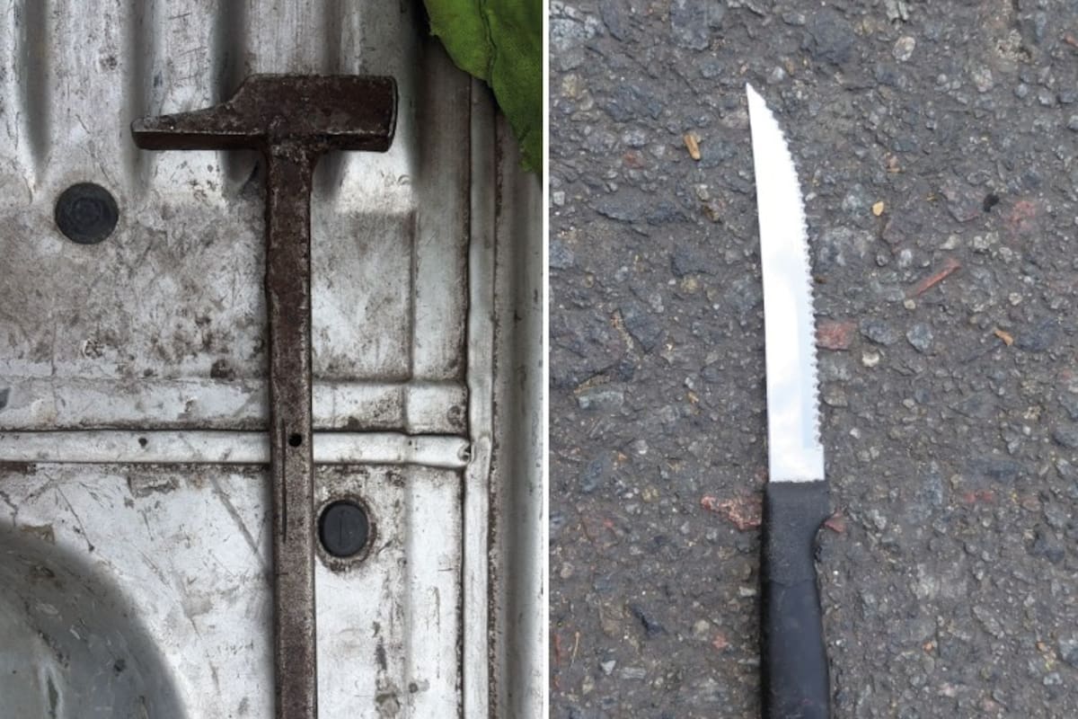 El martillo y el cuchillo con los que el atacante agredió a otro hombre y le fracturó la órbita izquierda en Villa Pueyrredón