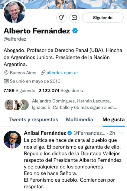 El "me gusta" de Alberto Fernández al posteo de Aníbal Fernández en el que repudia los insultos de Fernanda Vallejos.
