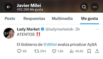 El "me gusta" de Javier Milei en un tuit que habla sobre la privatización de AySA