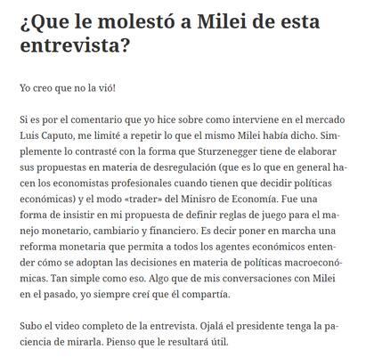 El mensaje completo de Cavallo a Milei