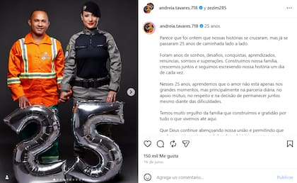 El mensaje con el que celebraron 25 años de amor y superación (Captura: Instagram @andreia.tavares.718)